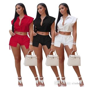 Summer Womens Tracksuits Button Lapel Sleeveless Top And Shorts Two Piece Set Solid Color Elastic Casual Outfits 2022