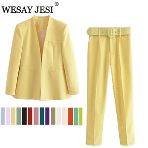 Wesay Jesi Womens Office Fashion Pantsuit Simple Solid Color Suit Collar Long Sleeve Trousers 2 Piece Set Blazer 220811