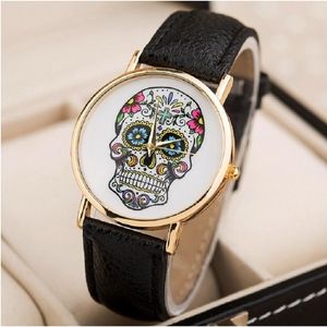 Wholesale vintage geneva watches for sale - Group buy Wristwatches Top Skull Women Watch Mexican Catrina Flowers Cross Pu Leather Wristwatch Girl Vintage Fashion Casual Geneva Style Reloj A708