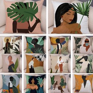 Tropical Plant Soft Plush Black Africa Girl Pillow Case Linen Geometric Fashion Women Cushion Cover for Sofa Car Home Decor 220816