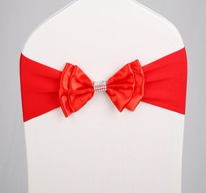 Hotelfri stol bakblomma Sashes Bow Elastic Strap Wedding Big Red Banket Decoration Stol Cover Plus Drillstrap