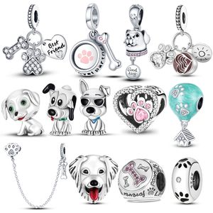 925 STERLING Gümüş Dungle Charm Gümüş Renkli Köpek Köpek Ayak İzi Kemik Boncuk Boncuk Pandora Takılar Bilezik Diy Takı Aksesuarları