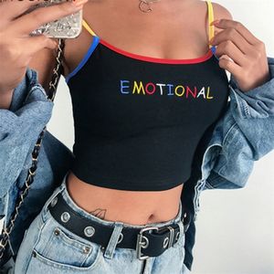 Summer Women Crop Top Cropped Ladies Spaghetti Strap Elastic Camisole Sexy EMOTIONAL Letter Embroidery Tank Tops 220607