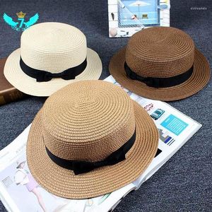 Chapéus largos de abrangência Mulheres de palha chapéu de praia Caps de fita redonda redonda de tampa plana Toa elob22
