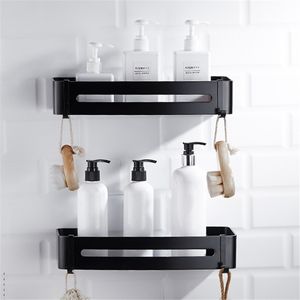 Liuyue Badrumshyllor Svart aluminium Square Holder Hooks Wall Mounted Shampoo Shelf Cosmetic Storage Rack Y200407