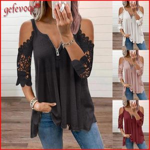 Summer Clothes for Women Sexy Off Shoulder Lace Tunic Tops Casual Elegant Half Sleeve V Neck Zipper Oversized Tees T-shirt 220321