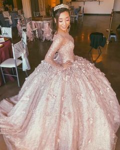 Amazing Rose Gold Long Sleeves 3D Flower Quinceanera Prom dresses Ball Gown Beaded Illusion Evening Formal Gowns Sweet 16 Vestidos De Dress Special Occasion Dresses