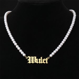 Bébé Perle achat en gros de Collier de perles personnalisé nom personnalisé pendentif en acier inoxydable pour bébés femmes copine bijoux