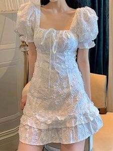 Casual Dresses Floral White Dress Women Korean Spets Wrap Ruffles Puff Sleeve Short Square Collar 2022 Summer Robes Femalecasual