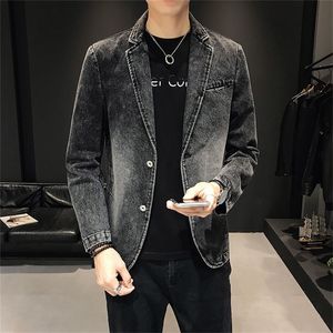 Spring Autumn Men denim kostym jackor avslappnad fast färg lapel enkelbröst jeansjacka män smala passformar utkläder jackor m-3xl 220801