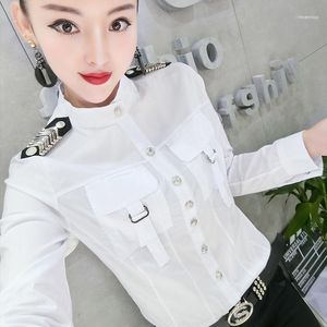 Kobiety Długie rękawy Bluzka Jesień Slim Epaulettes Personality Stojak Kołnierz Top Koszulka Plus Size Damskie Bluzki Koszule