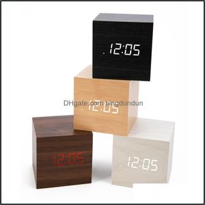 Desk Table Clocks Home Decor Garden Mini Digital Wooden Led Alarm Clock Wood Retro Glow Desktop Voice Control Sn Function Calender Drop De