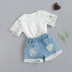 Kleidungssets Mode Säuglingsgeborenes Baby Mädchen Sommerkleidung Weiße Spitze Blumen Bodys Top Elastische Denim Shorts 2PCs OutfitsKleidung