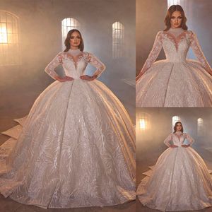 Luxury Arabic Champagne Wedding Dresses Ball Gown Full Sleeve Sequins Beaded Bridal Gowns With Long Train Dress