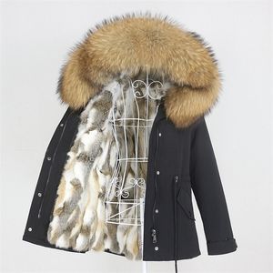 冬のジャケットの女性本物の毛皮のコートパーカーナチュラルアライグマファーカラー濃厚な暖かいウサギファーライナーストリートウェアブランドカジュアル201103