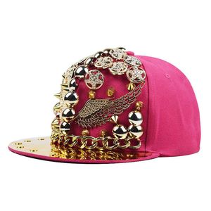 Wholesale skull with flat cap for sale - Group buy trend new Fashion heavy metal gold phoenix rivet hip hop hat skull color diamond flat brimmed hats