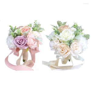 Decorative Flowers & Wreaths Artificial Rose Flower Bouquet With Lace Strap Simulation Wedding For Valentine's Day Bride Pography
