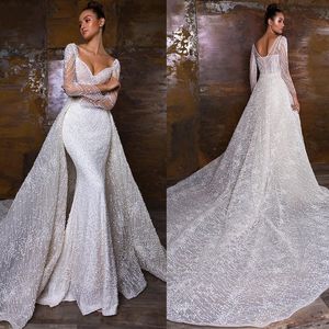Elegant bröllop sjöjungfru klänning med avtagbar tåg Lace Sweetheart Neckline full ärm långa plus storlekar brudklänning