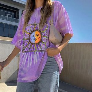 Sun Moon Purple Tie Tye Graphic Tiz camisetas para meninas vintage casual desgaste de verão tshirts tee tops o-gola solta 3xl 220511
