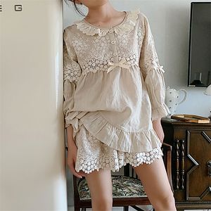 Summer Women's Flower Embroidery Linen Pajama Sets Tops+Shorts.Vintage Ladies Girl's Pyjamas set.Victorian Sleepwear Loungewear 220421