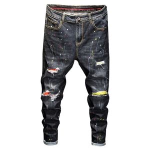 Мужские джинсы Джинс Жан Homme Pantalones Hombre Чернила Граффити Весна Мода Черный Серый Ярус Джинсовые штаны Регулярный Fit Mens 220328