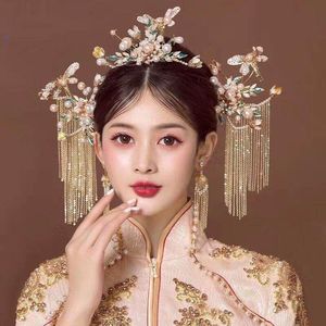 Headpieces 2022 Xiu He Tiara Chinese Wedding Golden Tassel Step Shaking Phoenix Crown Atmosphere Ancient Dress Hair Ornaments