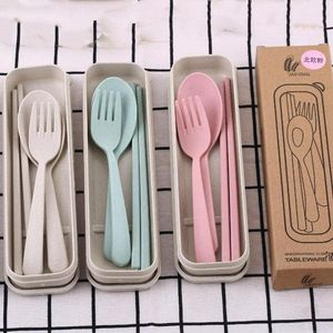 4 Sets Portable Wheat Straw Cutlery Spoon Chopsticks Fork Tableware set Daily Use Reusable Eco-Friendly BPA Free Utensils