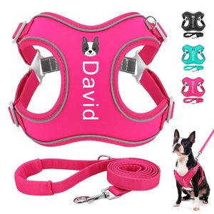 Dog Collar Leashes Personliga Harness Leash Set Reflekterande Hundar Vest Pet Walking Lead Rope Gratis Print Husdjur Namn Kattmönster 2xs-l