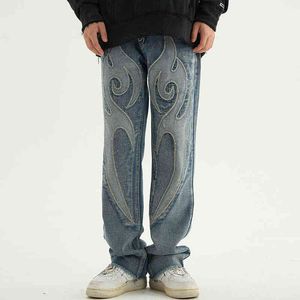 High Street Solid Color Patchwork Skulls Embroidery Casual Denim Pants Men and Women Elastic Waist Baggy Jeans Trousers T220803