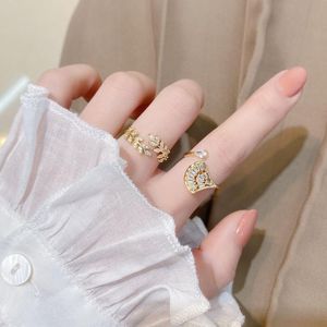 Cluster Rings Korea Fashion Jewelry 14k Gold Plating Zircon Wheat Ear Leaf Fan Ring Elegant Women's Opening Justerbar Wedding Ringclusta