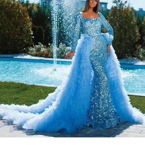 2022 Wunderschönes Meerjungfrau-Abschlussballkleid mit Herzausschnitt, langen Ärmeln, glitzernden Pailletten und abnehmbarer Schleppe, Abendkleid Robe De Soir￩e BES121