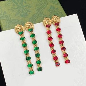 Long Lion Head Red Green Gemstone Dangle Chandelier Earrings Ladies Ladies Party Gift Jewelry High Quality With Box