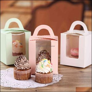 창 및 핸들 50pcs 컵케익 상자 빵집 웨딩 파티 생일 공급을위한 작은 케이크 선물 컨테이너 DNJ998 드롭 배달 202