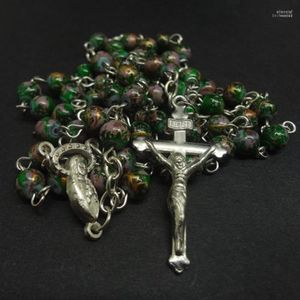Pendant Necklaces Prayer Green/Blue Natural Stone Beads Rosary Catholic Necklace Crucifix Cross Pendants Christian Religious Jewelry Elle22