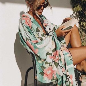 Green Vintage Retro Night Garde Print Boho Maxi Kimono Shirt Sleeve Cardigan Bohemian Long Wrap Blouse Summer Tops Beachwear 210308
