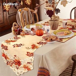 Ourwarm 38x170cm Thanksgiving Maple Leaves Turkey Table Runner Tyg Autumn Thanksgiving Christmas Table Decoration For Home 201203