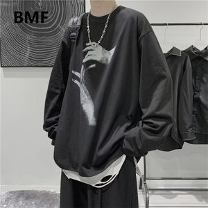 Queda de manga longa t-shirt moda solta ulzzang imprimir tops hip hop enorme camiseta homens vestuário homens estilo coreano roupas 220315