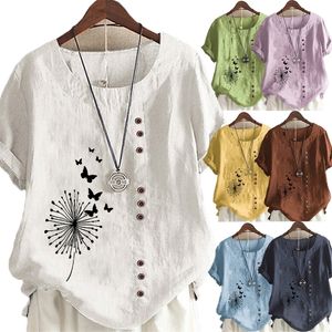 Women s Summer Dandelion Printed Short Sleeve Round Neck Tshirt Ladies CasUAl Linen Shirts Plus Size Tops 220607