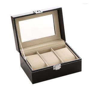 Смотреть коробки корпуса коробка маленькие 3 слот -мужские черные кожаные витрины стеклянные украшения для ювелирных изделий для хранения коробки для хранения Hele22
