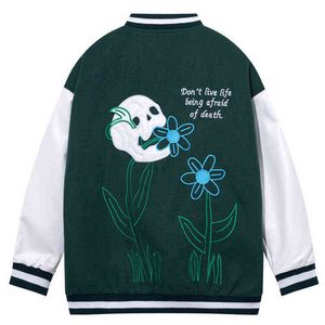 Hip Hop Baseball Jacket Coat Men Bone Flower Embroidery Patchwork Couple Streetwear Oversized Varsity Bomber Retro Jacket 2021 T220728