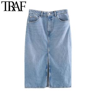 TRAF Women Chic Fashion High Weist Denim Midi Skirt Vintage Zipper Fly Pockets Front Vents Temale Valdas Mujer LJ201029