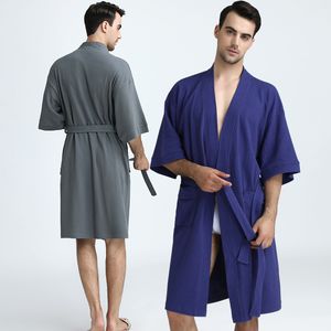 Men 100% Cotton Plus Size Water Absorption Waffle Kimono Bath Robe Summer Towel Dressing Gown Women Male Knee Length Bathrobe 201109