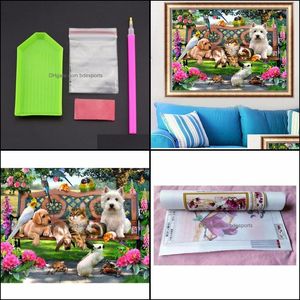 Paintings Arts Crafts Gifts Home Garden Dog Cat Flower Round Rhinestone Diamond Embroidery Animals Picture Diy Painting Cross Stitch Drop