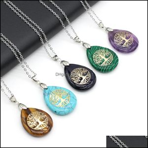 Pendant Necklaces Pendants Jewelry Natural Stone Tree Of Life Necklacewhite Purple Pink Crystal Water Drop Shape Metal All Dhysm