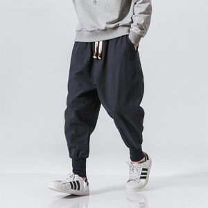 Cotton Linen Harem Pants Men Solid Elastic Waist Streetwear Joggers Baggy Dropcrotch Pants Casual Trousers Men 220621