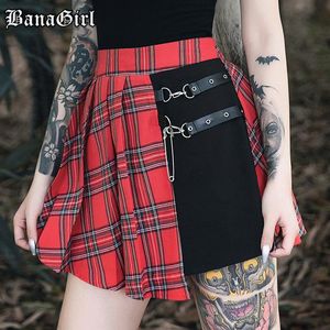 Skirts Gothic Punk Y2K Lolita Women Red Plaid Pleated Ball Gown High Waist Patchwork Mini Skirt Fashion Streetwear Buckle FemaleSkirts