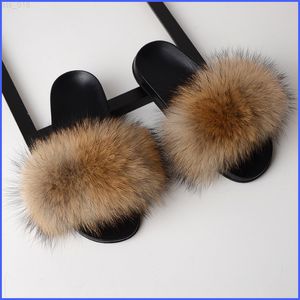 Fox Women For Slippers Slides Fur Real Home Furry Flat Sandals Female Cute Fluffy House Shoes Woman Brand T220718 449 ry