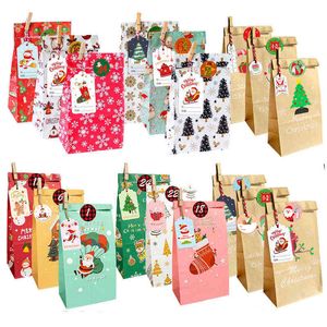 Padeiros Presentes venda por atacado-24 Sets Feliz Festa de Natal Kraft Paper Bag Cookies Treats Baker Packaging Bags Diy Gift Bag Party Decor Favor Favor Xmas Noel Navida J220714