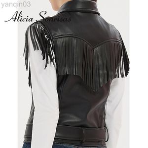 2022 Spring Faux Leather Jacket 여성 벨트 턴 다운 칼라 민소매 대칭 Tassel PU 가죽 자켓 여성 자전거 코트 L220801
