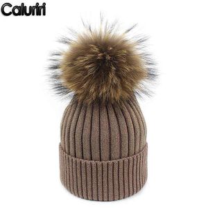 Caluriri Beanie Cap Best Selling Bright Silk Knit Cap Real Fur Ball Autumn Winter Warm Lady Hat Wool Cap Thick winter Beanie Hat J220722